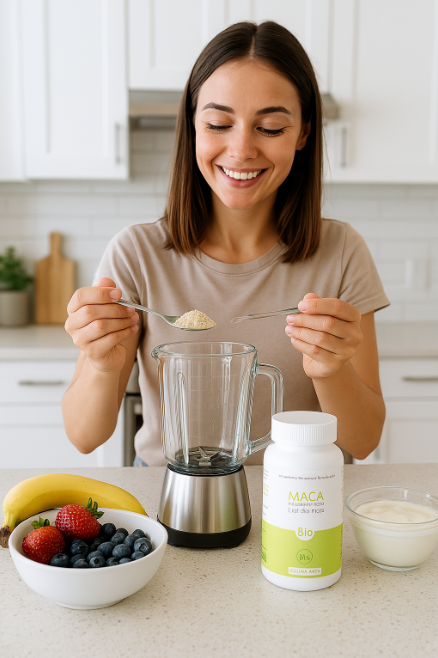 Femme qui fait un smoothie avec de la poudre de maca