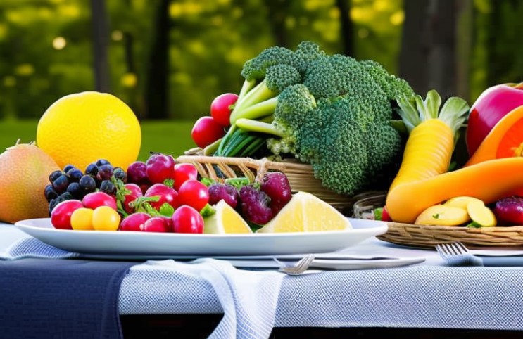 table de petit déjeuner équilibré avec des fruits et légume frais